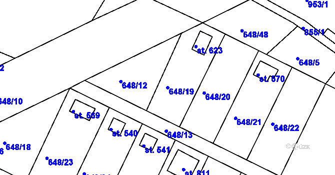 Parcela st. 648/19 v KÚ Lázně Toušeň, Katastrální mapa