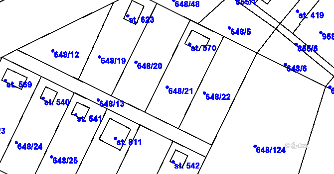 Parcela st. 648/21 v KÚ Lázně Toušeň, Katastrální mapa