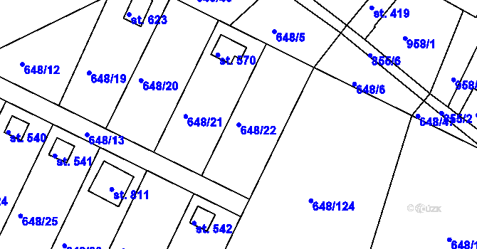 Parcela st. 648/22 v KÚ Lázně Toušeň, Katastrální mapa