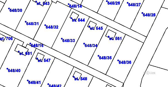 Parcela st. 648/34 v KÚ Lázně Toušeň, Katastrální mapa