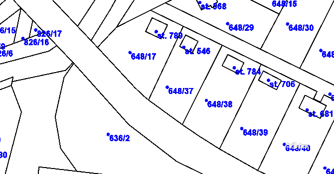 Parcela st. 648/37 v KÚ Lázně Toušeň, Katastrální mapa