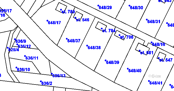 Parcela st. 648/38 v KÚ Lázně Toušeň, Katastrální mapa