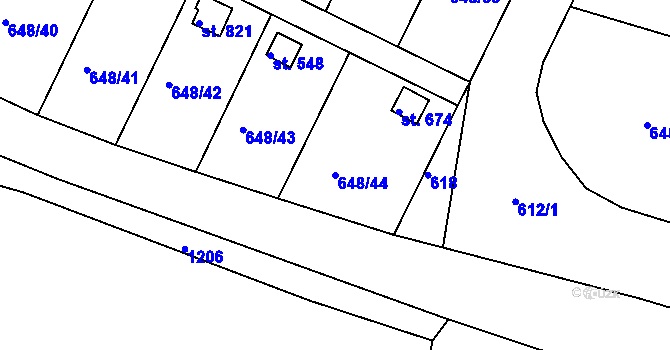 Parcela st. 648/44 v KÚ Lázně Toušeň, Katastrální mapa