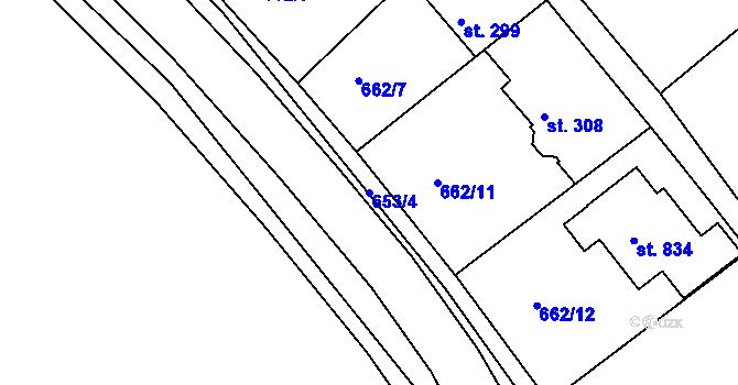 Parcela st. 653/4 v KÚ Lázně Toušeň, Katastrální mapa