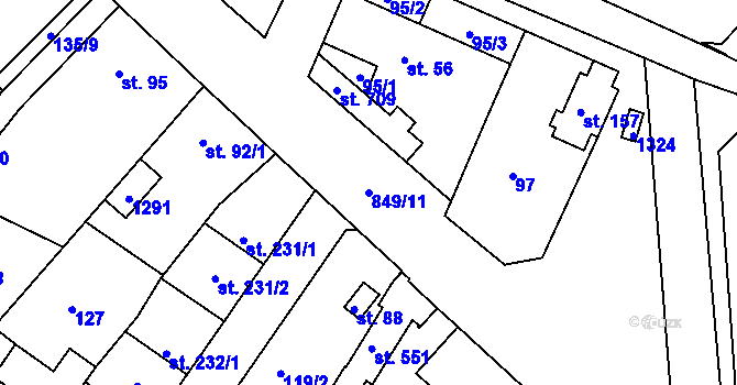 Parcela st. 849/11 v KÚ Lázně Toušeň, Katastrální mapa