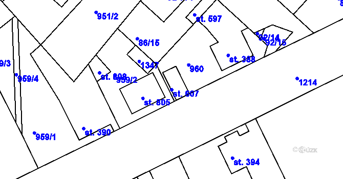 Parcela st. 607 v KÚ Lázně Toušeň, Katastrální mapa