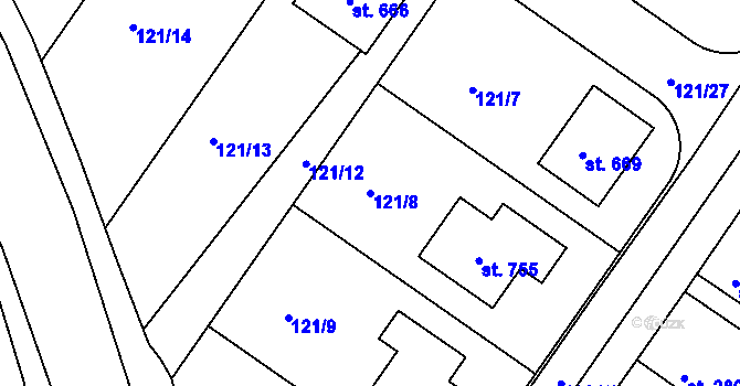 Parcela st. 121/8 v KÚ Lázně Toušeň, Katastrální mapa
