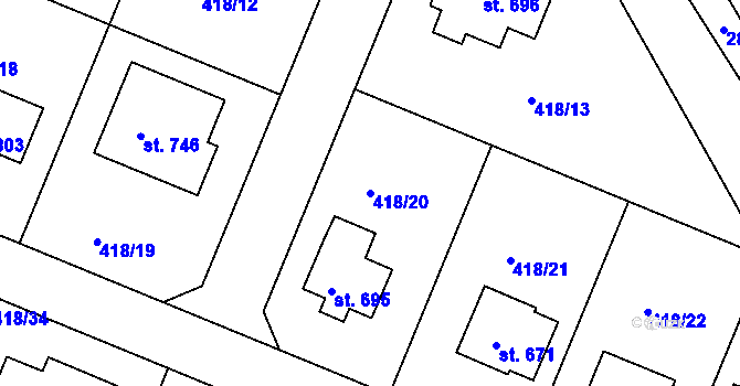 Parcela st. 418/20 v KÚ Lázně Toušeň, Katastrální mapa