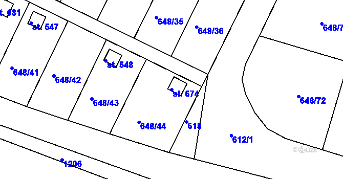 Parcela st. 674 v KÚ Lázně Toušeň, Katastrální mapa
