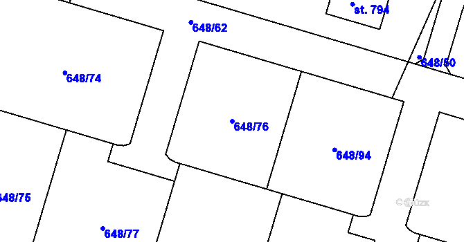 Parcela st. 648/76 v KÚ Lázně Toušeň, Katastrální mapa