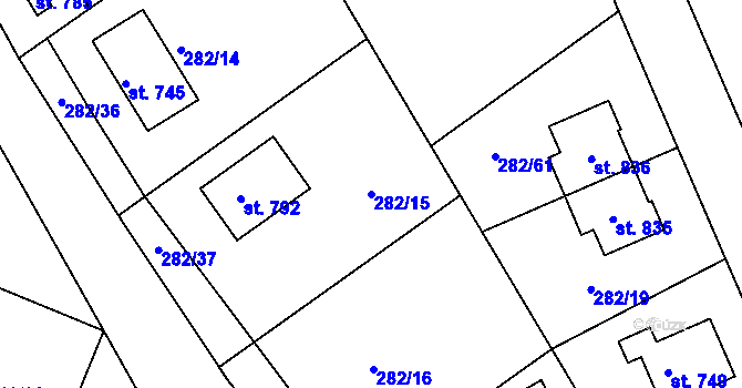 Parcela st. 282/15 v KÚ Lázně Toušeň, Katastrální mapa