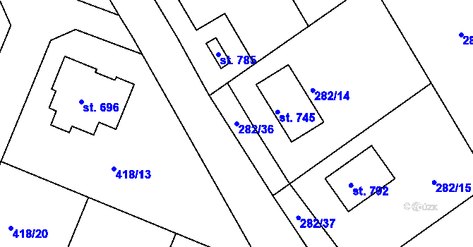 Parcela st. 282/36 v KÚ Lázně Toušeň, Katastrální mapa