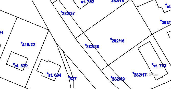 Parcela st. 282/38 v KÚ Lázně Toušeň, Katastrální mapa
