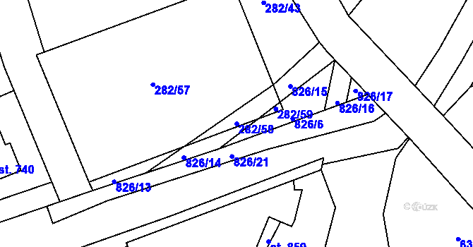 Parcela st. 282/58 v KÚ Lázně Toušeň, Katastrální mapa