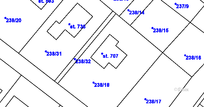Parcela st. 707 v KÚ Lázně Toušeň, Katastrální mapa