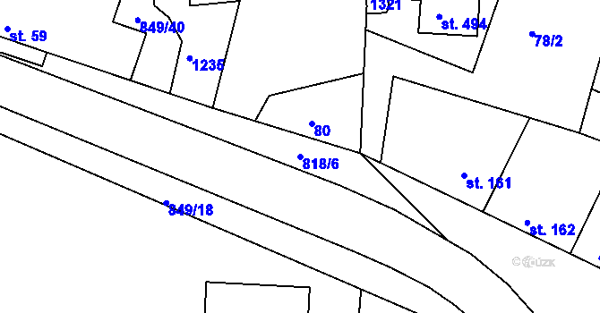 Parcela st. 818/6 v KÚ Lázně Toušeň, Katastrální mapa
