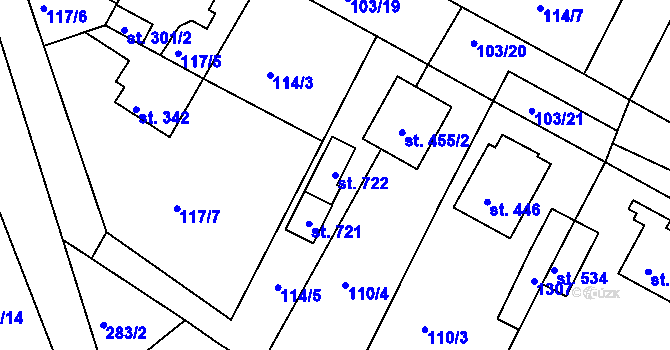 Parcela st. 722 v KÚ Lázně Toušeň, Katastrální mapa