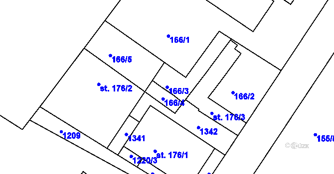 Parcela st. 166/3 v KÚ Lázně Toušeň, Katastrální mapa