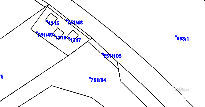 Parcela st. 751/105 v KÚ Lázně Toušeň, Katastrální mapa