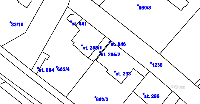 Parcela st. 285/2 v KÚ Lázně Toušeň, Katastrální mapa