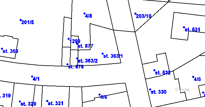 Parcela st. 363/1 v KÚ Lázně Toušeň, Katastrální mapa