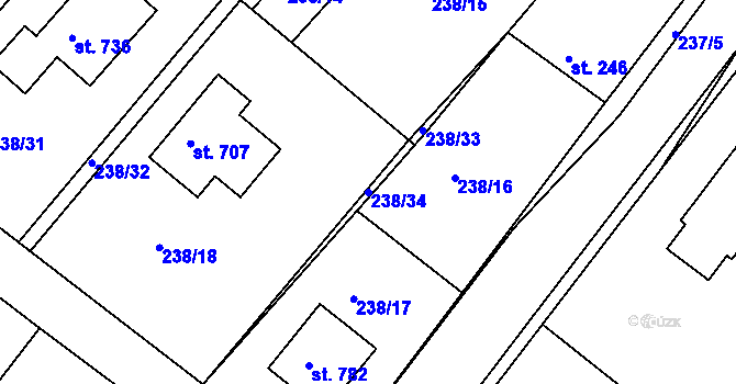 Parcela st. 238/34 v KÚ Lázně Toušeň, Katastrální mapa