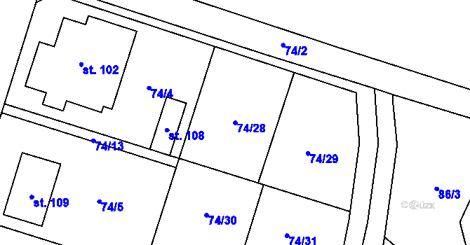 Parcela st. 74/28 v KÚ Mlékovice, Katastrální mapa