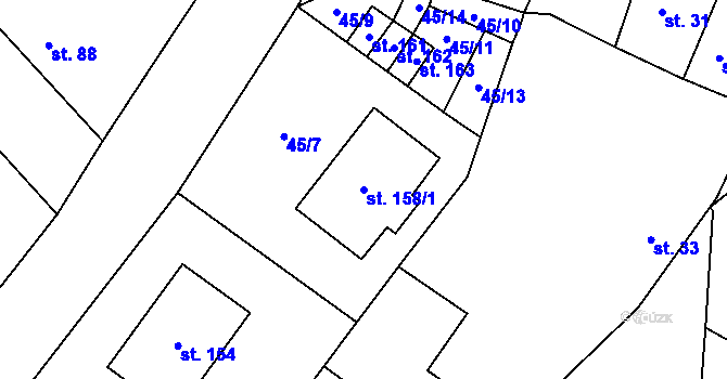 Parcela st. 158/1 v KÚ Toušice, Katastrální mapa