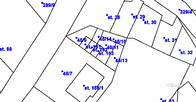 Parcela st. 163 v KÚ Toušice, Katastrální mapa