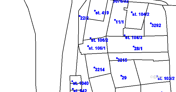 Parcela st. 106/1 v KÚ Toužim, Katastrální mapa