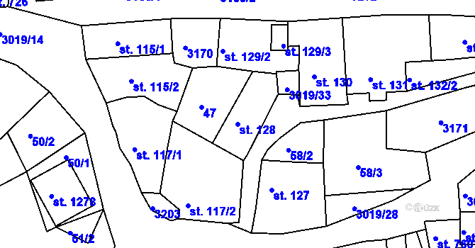 Parcela st. 128 v KÚ Toužim, Katastrální mapa