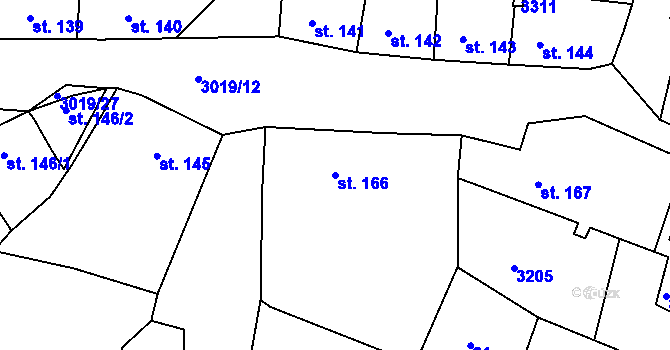 Parcela st. 166 v KÚ Toužim, Katastrální mapa