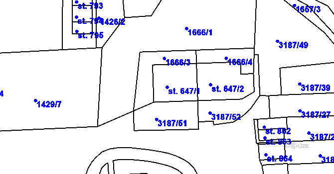Parcela st. 647/1 v KÚ Toužim, Katastrální mapa