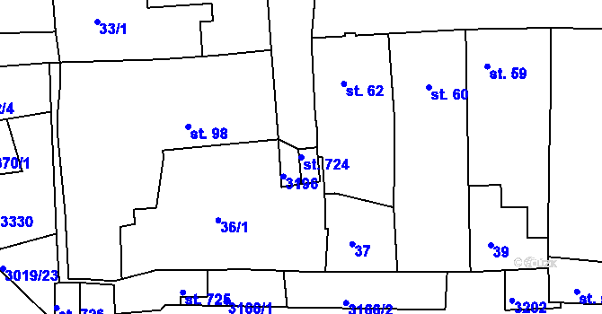 Parcela st. 724 v KÚ Toužim, Katastrální mapa