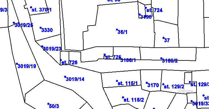 Parcela st. 725 v KÚ Toužim, Katastrální mapa