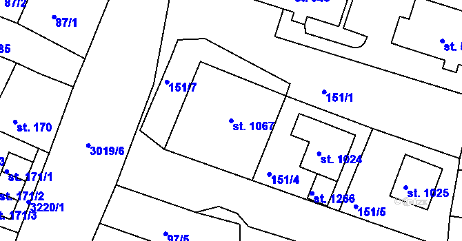Parcela st. 1067 v KÚ Toužim, Katastrální mapa