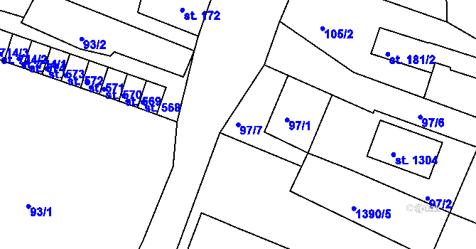 Parcela st. 97/7 v KÚ Toužim, Katastrální mapa