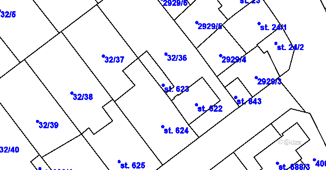 Parcela st. 623 v KÚ Tovačov, Katastrální mapa