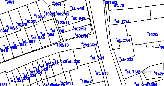 Parcela st. 2918/21 v KÚ Tovačov, Katastrální mapa