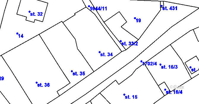 Parcela st. 34 v KÚ Trhanov, Katastrální mapa