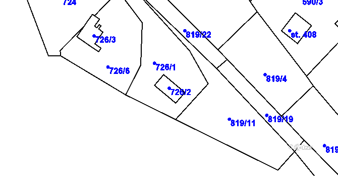 Parcela st. 726/2 v KÚ Trnava u Třebíče, Katastrální mapa