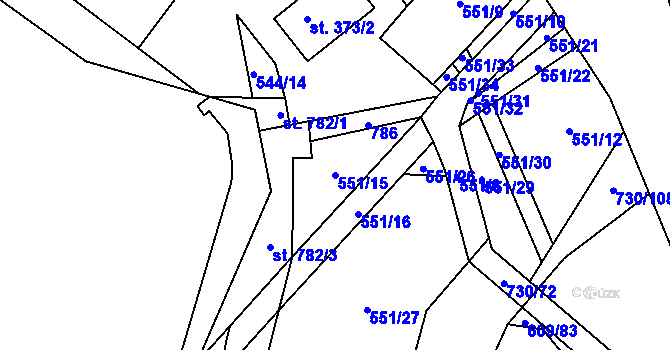 Parcela st. 551/15 v KÚ Trnová u Plzně, Katastrální mapa