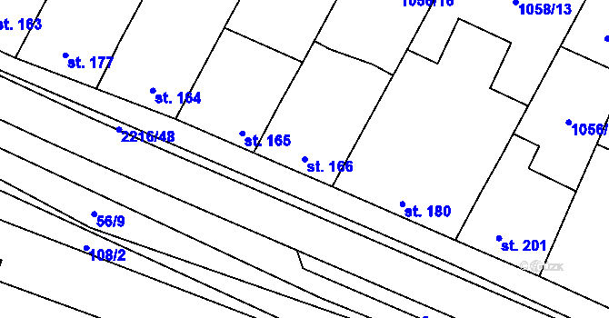 Parcela st. 166 v KÚ Troubky, Katastrální mapa