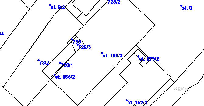 Parcela st. 166/3 v KÚ Zdislavice, Katastrální mapa