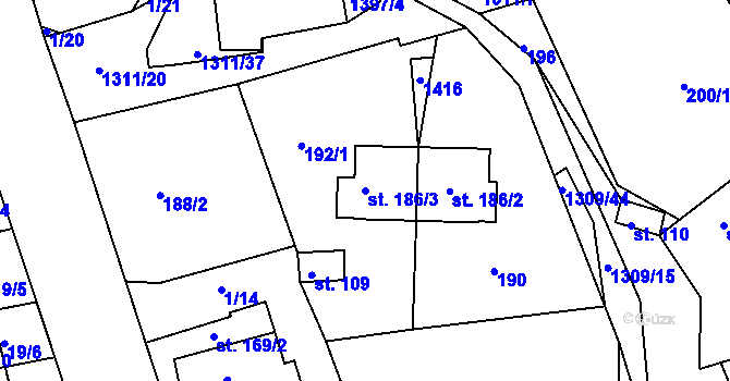 Parcela st. 186/3 v KÚ Trpín, Katastrální mapa