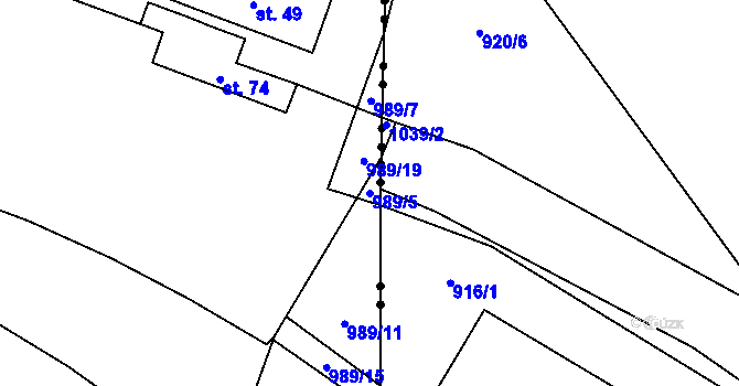 Parcela st. 989/5 v KÚ Sviňomazy, Katastrální mapa