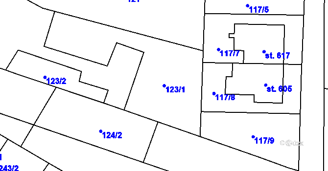 Parcela st. 123/1 v KÚ Tršice, Katastrální mapa