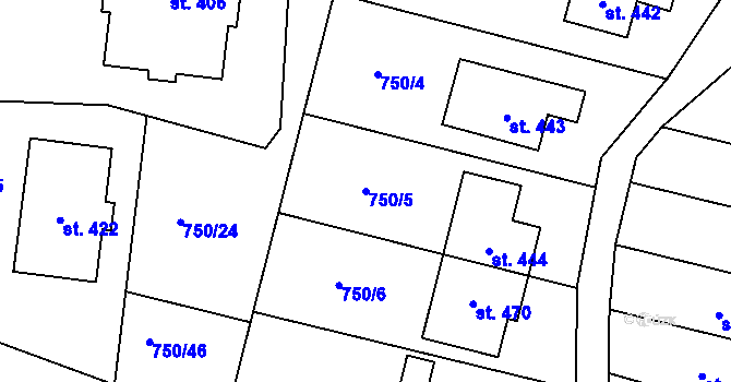 Parcela st. 750/5 v KÚ Tršice, Katastrální mapa