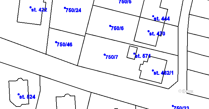 Parcela st. 750/7 v KÚ Tršice, Katastrální mapa