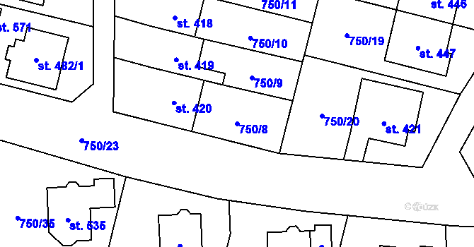 Parcela st. 750/8 v KÚ Tršice, Katastrální mapa